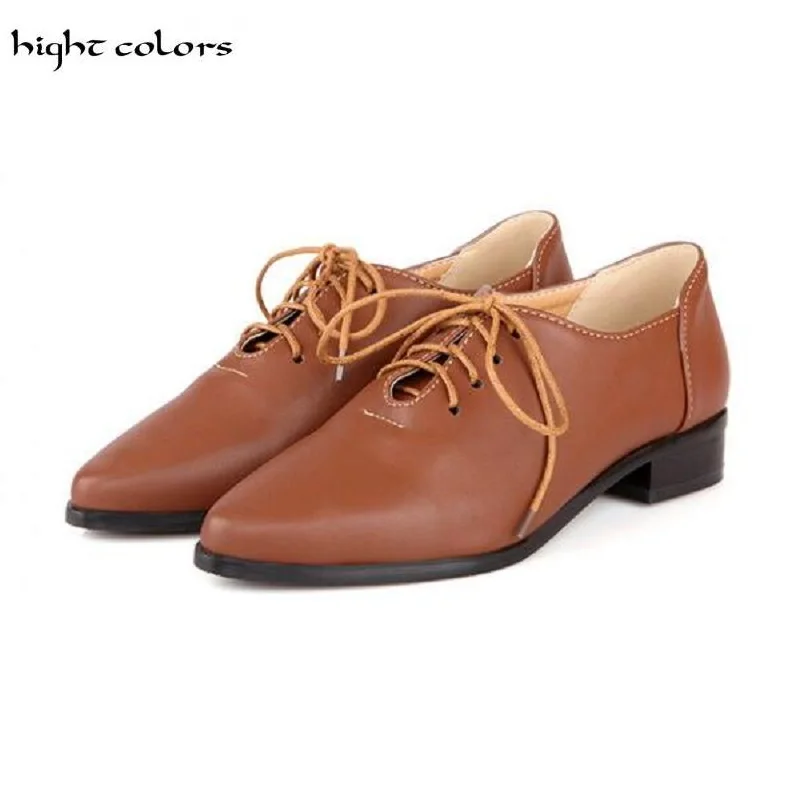 

New 2016 British Vintage Style Pointed Toe Oxfords For Women Lace up Flat Shoes Plus Size Neutral Casual Shoes Lady Flats
