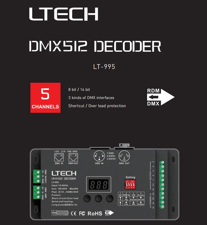 LT-995 Led DMX декодер 12В-24 В вход; 6А* 5CH Макс 30A 720 Вт выход RGB/RGBW Led CV декодер XLR-3/RJ45 разъем