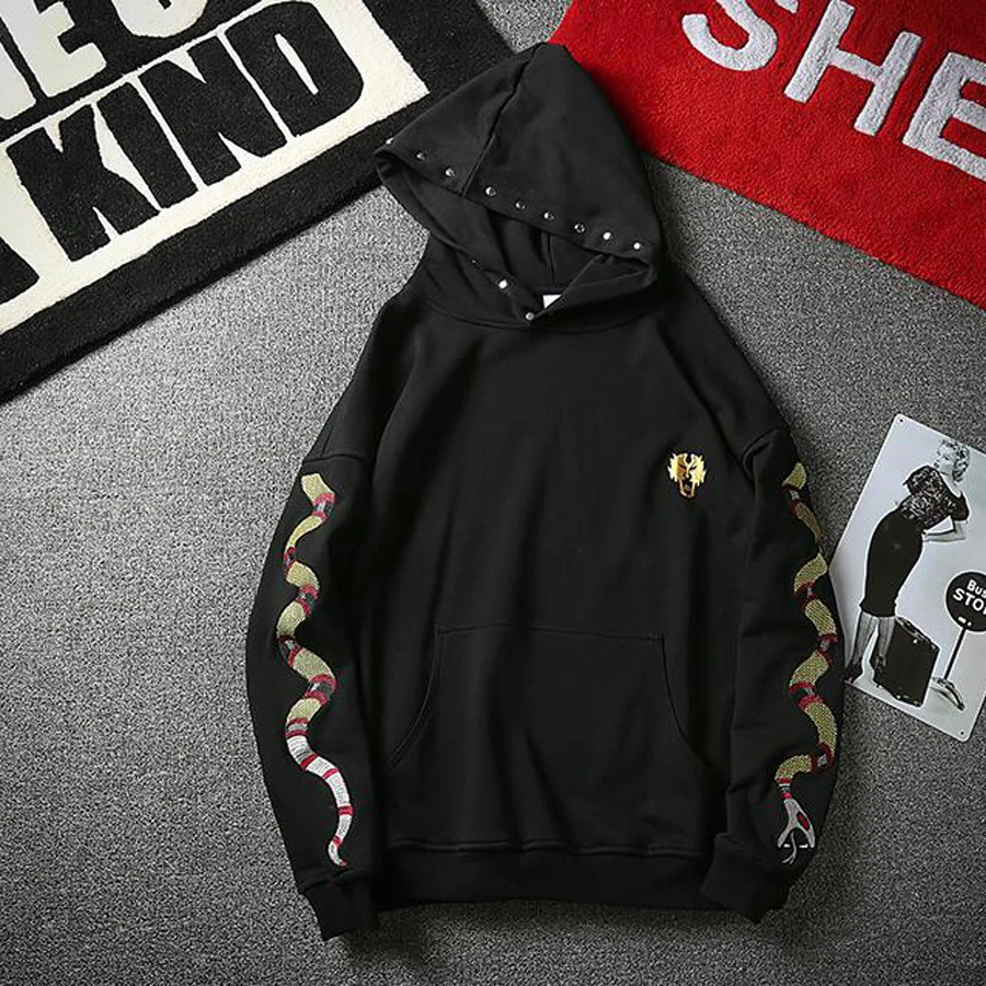 Punk Style Black Hoodies Men Lover's Fashion Design Snake Embroidered