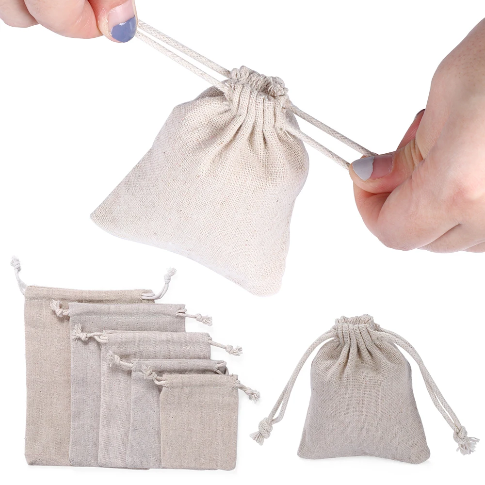 

Hot Handmade Cotton Plain Candy Organizer Jute Gift Bags Linen Drawstring Bag Drawstring Pouch Sack Food Storage Wedding Favor