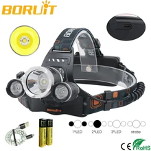 Boruit 5000Lm 3x XML T6 светодиодный налобный фонарь Налобный осветитель фонарик USB лампа+ 2X18650+ Зарядное устройство Велоспорт Рыбалка Отдых на природе Портативный свет