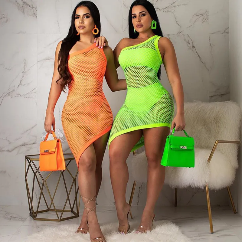 واحد الكتف النادي الليلي مثير Bodycon اللباس المرأة أكمام شبكة الجوف خارج بسط انظر من خلال حزب فساتين مع الملابس الداخلية