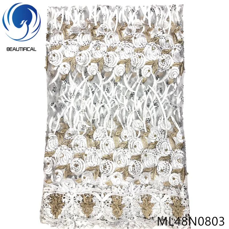 

Beautifical nigerian lace fabrics for wedding White embroidery beads net lace fabric with stones Top sale french lace ML48N08