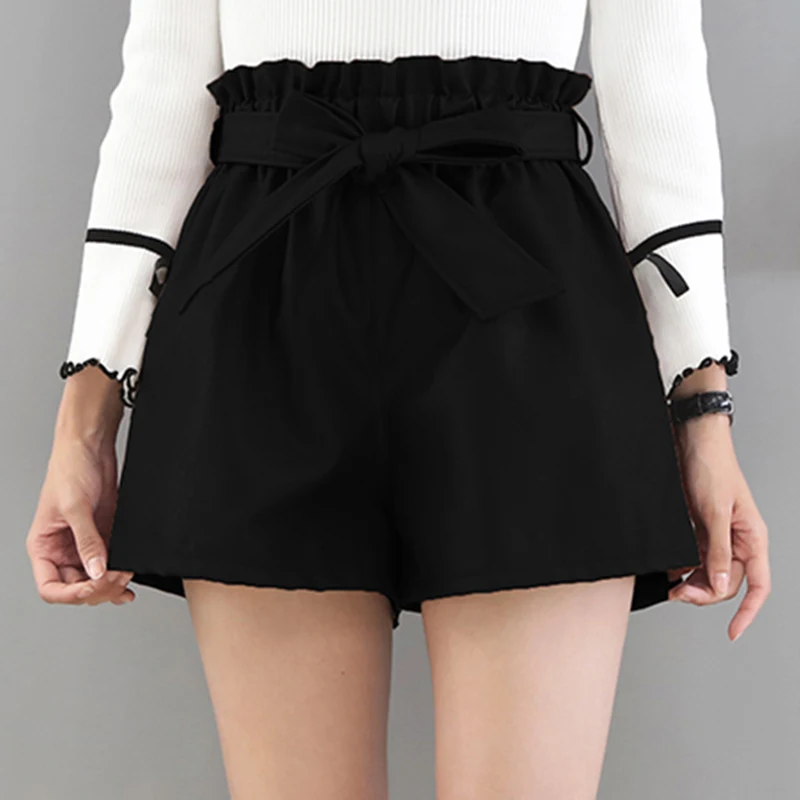 Autumn Winter Shorts Women Korean Solid High Waist Leather