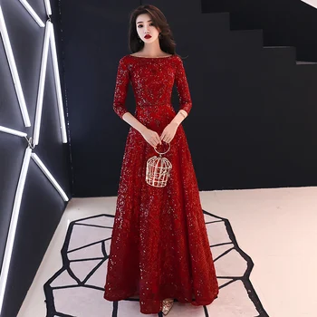 

2020 Evening Dress Full Sequins Shining O-neck Half Sleeve Formal Dresses Women Vintage Wine Red Long Party Gown LF391