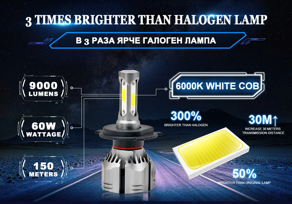 Одна пара H4 светодиодный лампы H1 H3 H7 H11 H8 HB4 HB3 9005 9006 9012 светодиодный головной светильник накаливания 60 Вт 9000LM 6000k Авто противотуманных фар светильник 12V