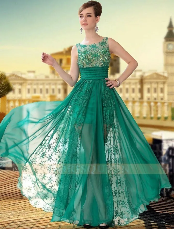 

free shipping 2015 New Green Prom dress hot scoop Chiffon/Lace vestido de festa Pageant gown custom beading Party Evening dress