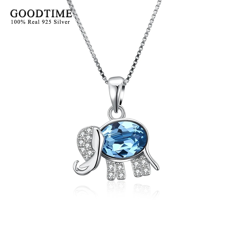Cute Elephant Necklace 925 Sterling Silver Blue Crystal Pendant