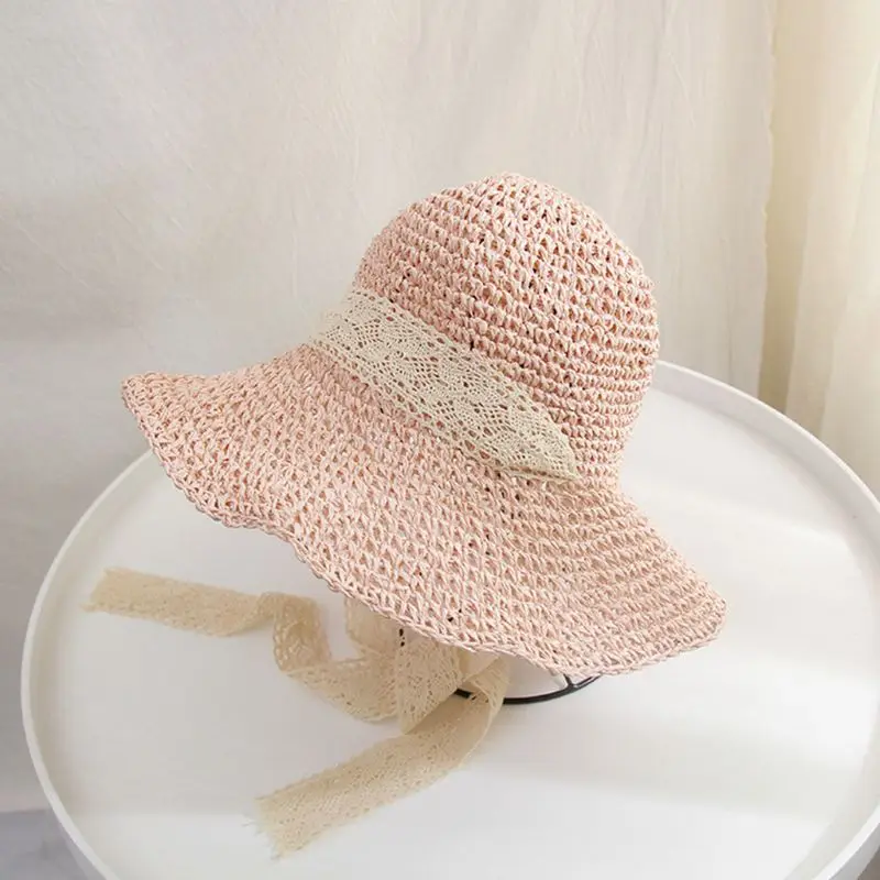 اليابانية الأدبية الفتيات الصيف القش نسج الصياد قبعة الكروشيه طويل الأزهار شريطة من الدانتيل واسعة بريم طوي Sunproof لل شاطئ كاب