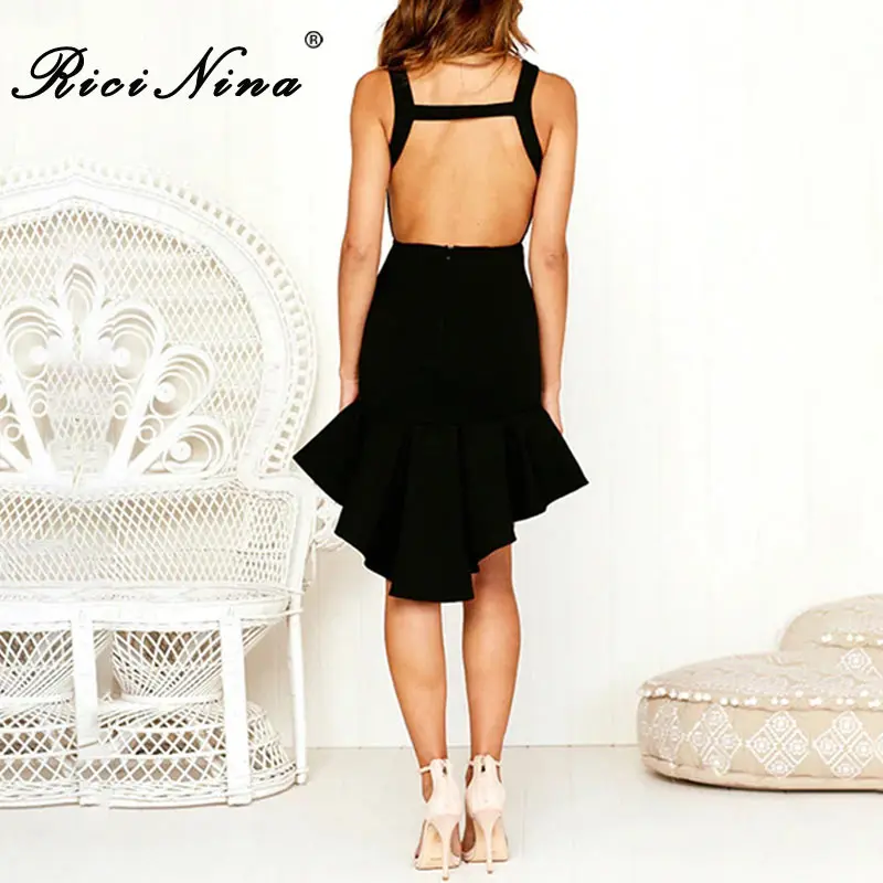 RICININA New Woman Dresses Women Slash Neck Backless Spaghetti Strap Ruffles Bodycon Mini Dress Ladies Sexy Party Beach Dress