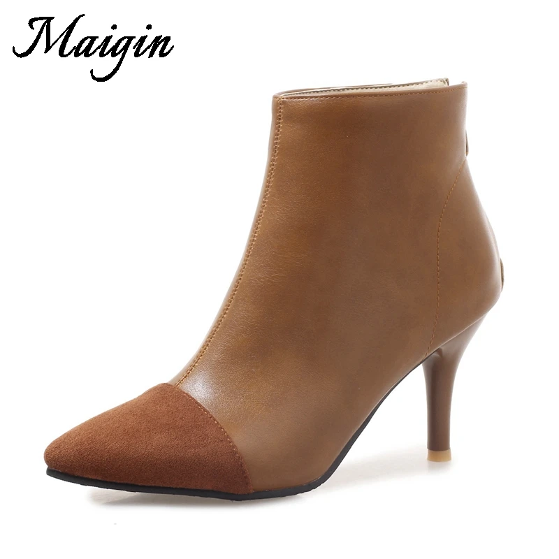 Maigin 2018 Autumn Woman Ankle Boots High Heels Pointed Toe Footwear Fashion Stitching Female Boot Winter Ladies Party Shoes | Обувь