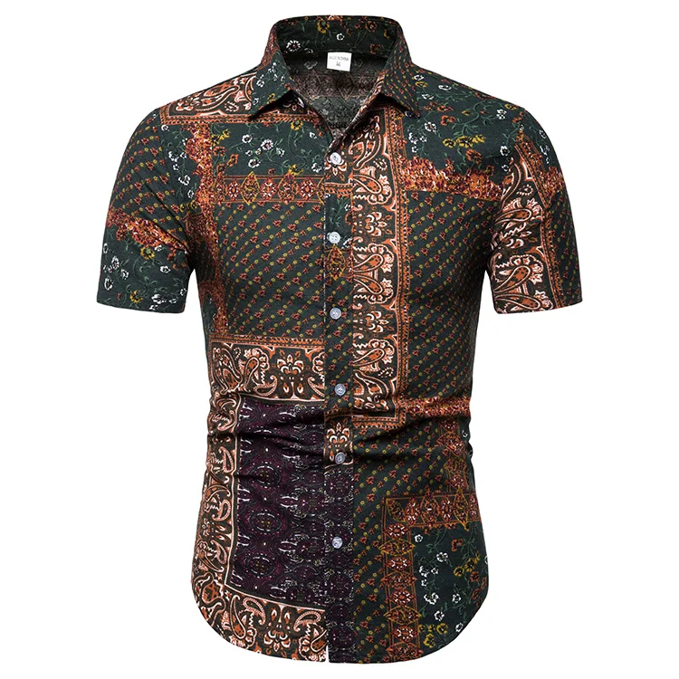 FFXZSJ 2019 брендовая летняя Для мужчин с коротким рукавом льняная рубашка печати рубашка с цветочным узором с лацканами Повседневное рубашки