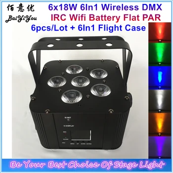 

6 Units 6*18W RGBWA UV 6In1 Battery Wireless Led Flat Par IRC Wifi App Control Led Battery Slim PAR Stage Light With Flight Case