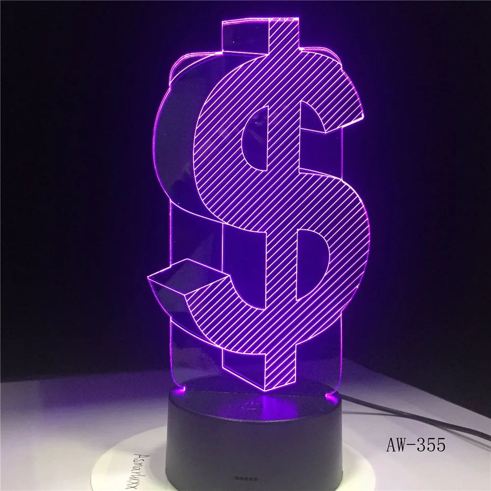 Новинка 3D знак доллара USD декоративный светильник для дома вспышка вечерние светящиеся лампы 7 цветов Изменение светодиодный свет Иллюзия AW-355