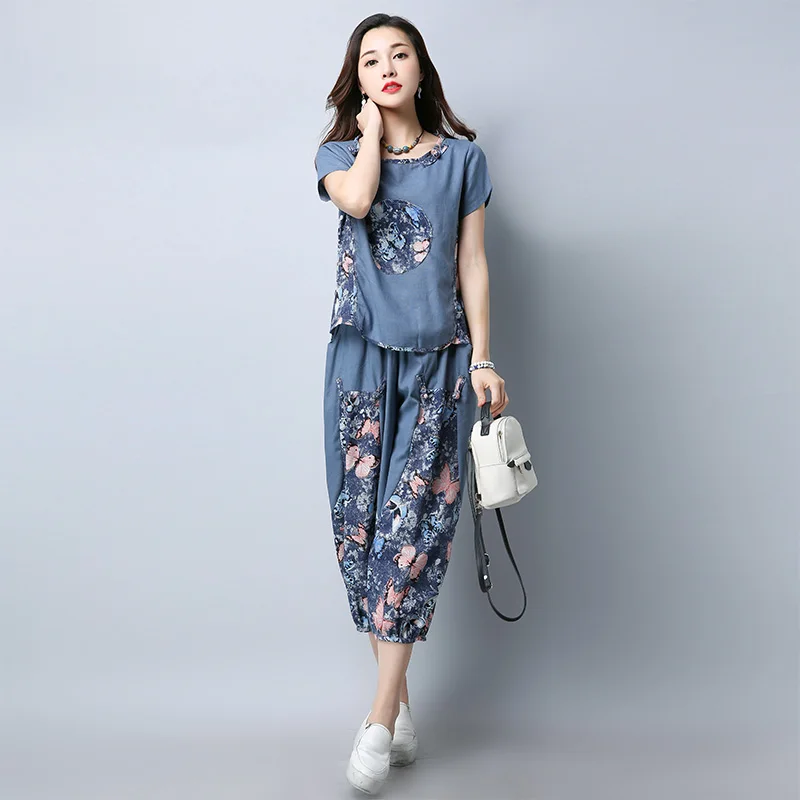 

2pcs Womens Ladies Floral Cotton Linen Short Sleeves Tops Calf-Length Pants Indie Folk Set