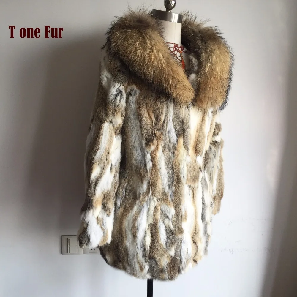 100 Genuine Rabbit Fur Coat With Natural Raccoon Fur Collar Factory