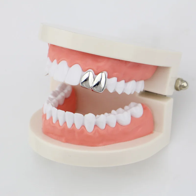 Factory Bottom Price 2 pcs Teeth Jewelry Real Gold Plated Teeth Grillz Hip-hop Cool Men Fake Tooth Grillz USA Hot Sale Halloween Gift (2)