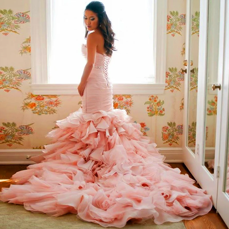 

Doragrace Sweetheart Lace-Up Organza Ruffles Mermaid Wedding Gowns Pink Wedding Dresses Brial Gowns
