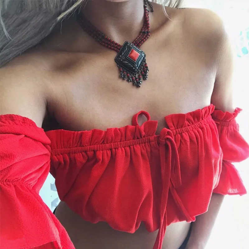 

crop tops women 2017 summer lantern sleeve sexy strapless beach tops plus size red black white ruched crop top tank top croptop