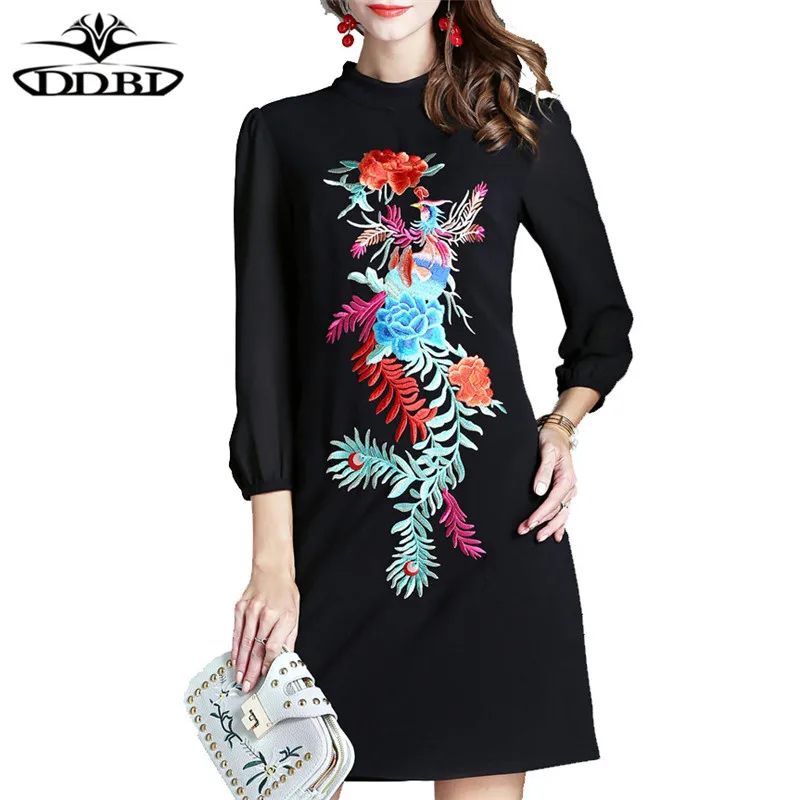 plus size women clothing large size dresses 40s 50s dresses three quarter   sleeves embroidery dress 170824