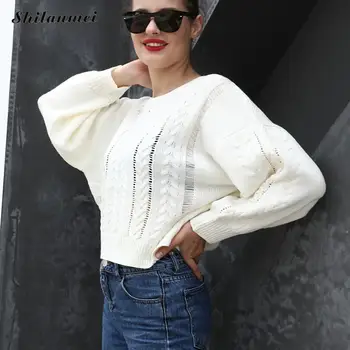 

2019 Autumn White Sweater Pullover Female Casual Cropped Sweater Women Fashion Hollow Long Sleeve Solid O-Neck Pullover Knitted