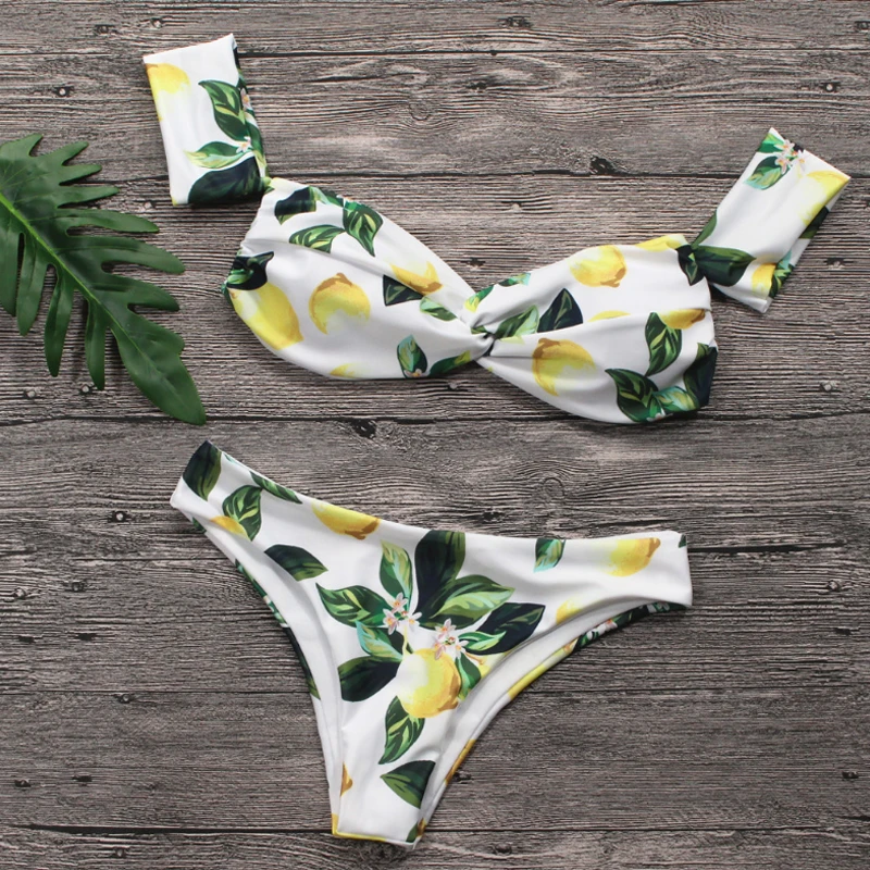 

2018 Swimwear Sexy Women Off The Shoulder Bikini Set Fruits Print Swimsuit Brazilian Low Waist Beach Bathing Suit Bandeau Bikini