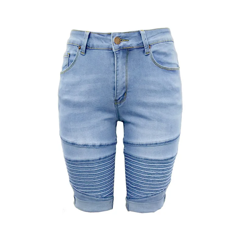 New Women Summer Mid Rise Elastic Zip Skinny Denim Knee Length Curvy Stretch Solid Jeans Fashion Vintage Shorts Jeans #4R09 (10)