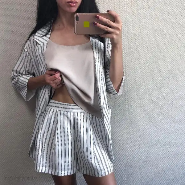Summer Cotton Linen Tracksuit for Women One Button Blazer & High Waisted Short Striped Pant Suits 2 Pieces Set 2018 Feminino