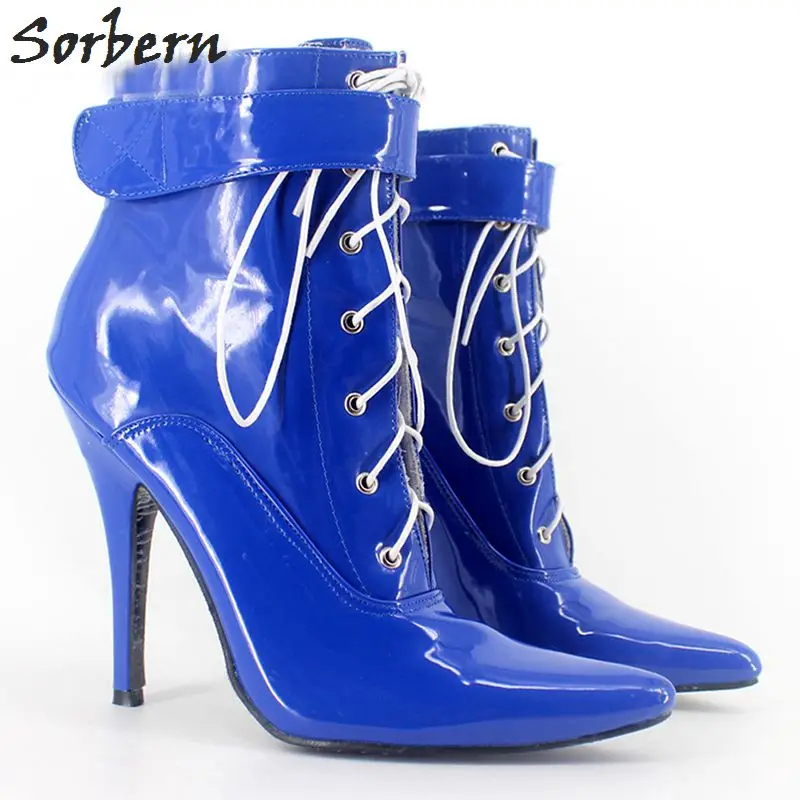 Sorbern/ г. женские ботинки пикантные ботильоны на высоком каблуке 12 см, с перекрестной шнуровкой, на шпильке, с пряжкой женская обувь с острым носком, на замке - Цвет: Blue Shiny