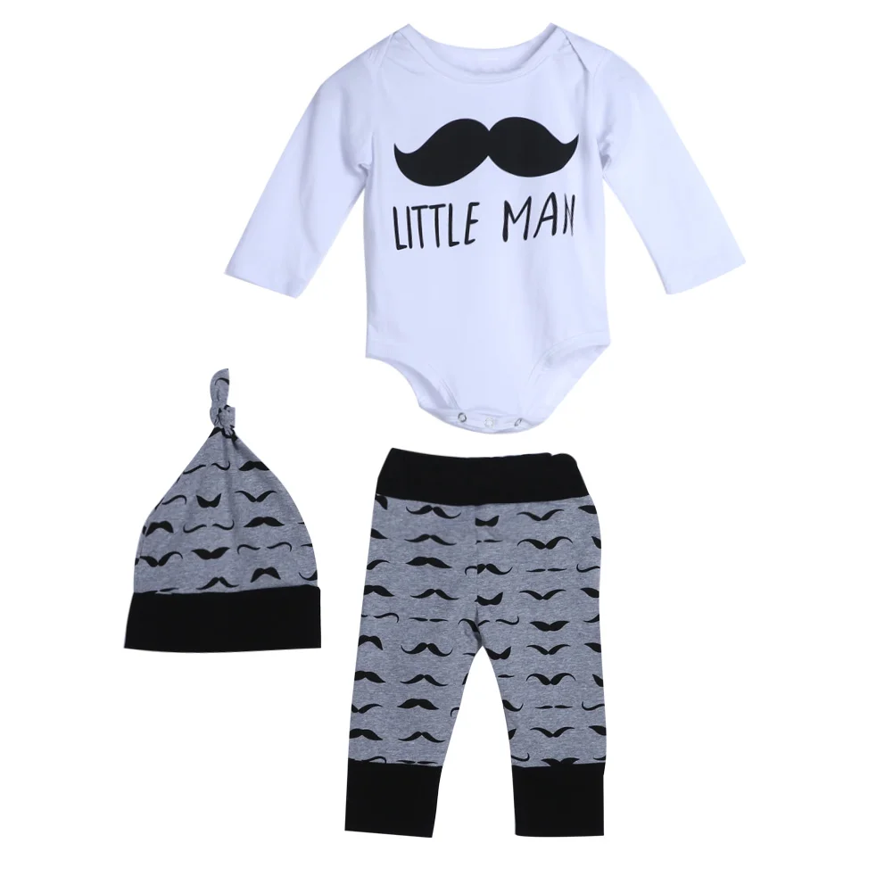 

3pcs/set Baby Infant Kids Moustache Print Long Sleeve Rompers Pants Hat Outfit Baby Infant Spring Summer Clothes Set