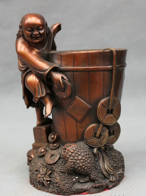

S3550 Chinese Pure Bronze Wealth Toad Hoptoad Statue God Pencil Vase Brush Barrel Pot D0318