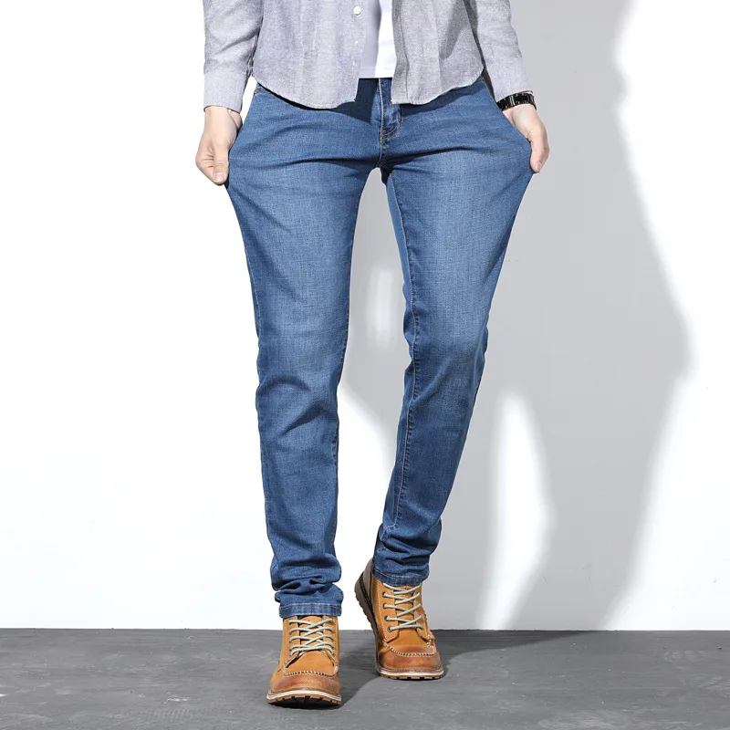Осень, мужские джинсы, бизнес стиль, прямые, свободные, синие, стрейчевые, джинсы, классические, для мужчин, большие размеры 28-44, 46, 48