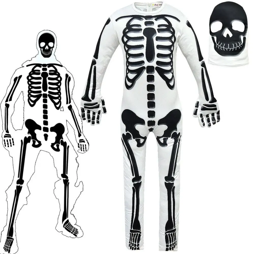 Костюм на Хэллоуин для детей с изображением черепа; черный комбинезон с принтом скелета; Комплект масок; карнавальные костюмы на Хэллоуин