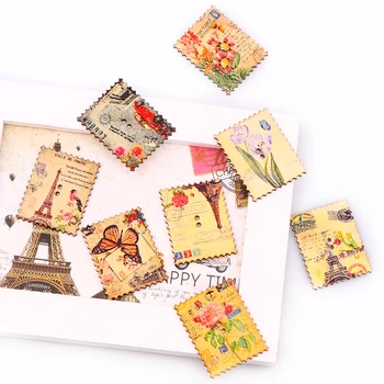 

High Quality Colorful 30PCS 30*38MM Vintage Style TowerHouse Stamp Wood Buttons 2 Holes Stamp Shape Pattern At Randomly