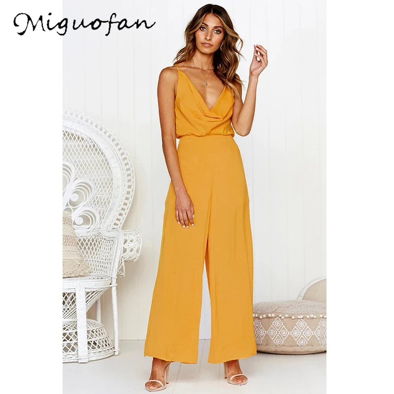 Miguofan Jumpsuit For Women Strap Cross Solid Yellow Sexy Backless Bodysuit Summer Fashion Rompers Womens Jumpsuit 2019 New 