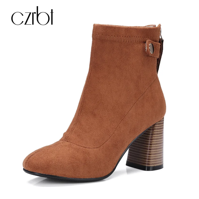 

CZRBT New Square High Heel 7cm Chelsea Boots Top Natural Sheep Suede Ankle Boots For Women Genuine Leather Women Shoes Winter
