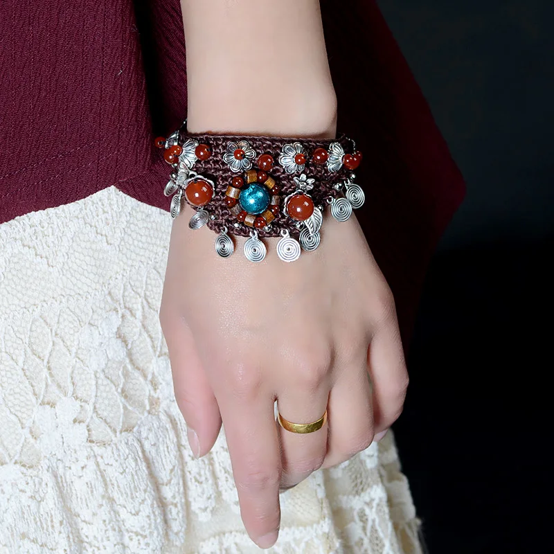 

wrap bracelet for women flower red carnelian charm bangle waxed thread chain ethnic jewelry vinatge fashion 2018