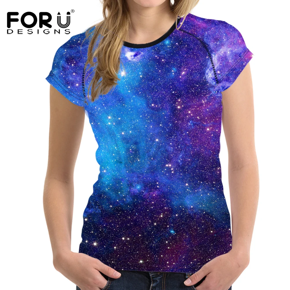 FORUDESIGNS/Яркая футболка с 3D Галактикой, Женская Повседневная классная облегающая одежда с изображением Луны и космоса для девушек, женские топы, летняя футболка XXL