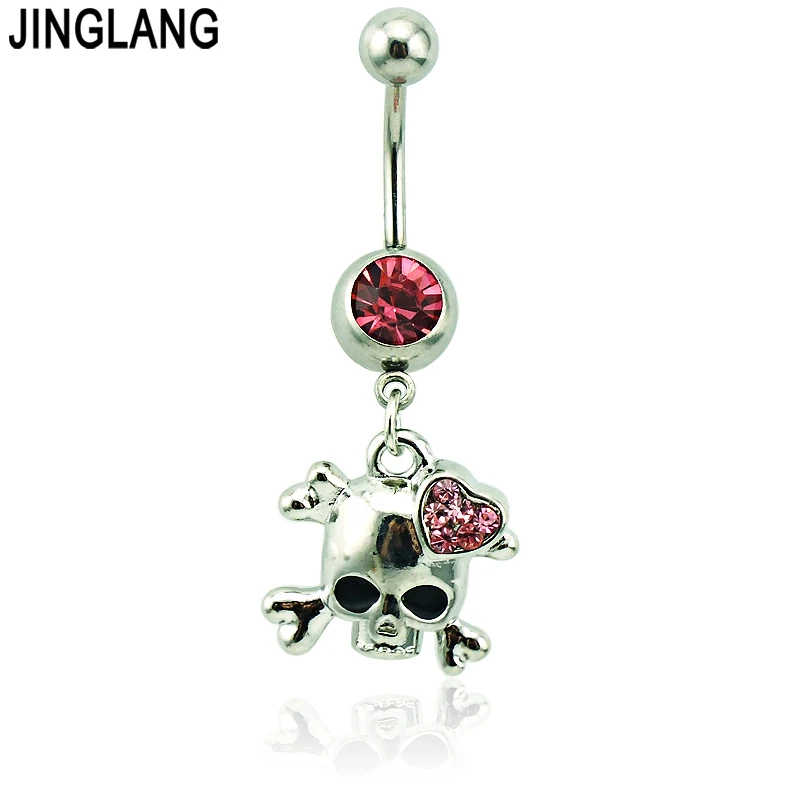 

Body Piercing Fashion Silver Plated Belly Button Rings 316L Stainless Steel Dangle Rhinestone Heart Skull Navel Rings Jewelry