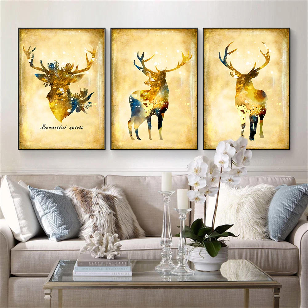 

Triptych Abstract Painting Gold Deer Canvas Prints Noble Art Print Wall Picture For Living Room Nordic Style Home Decor