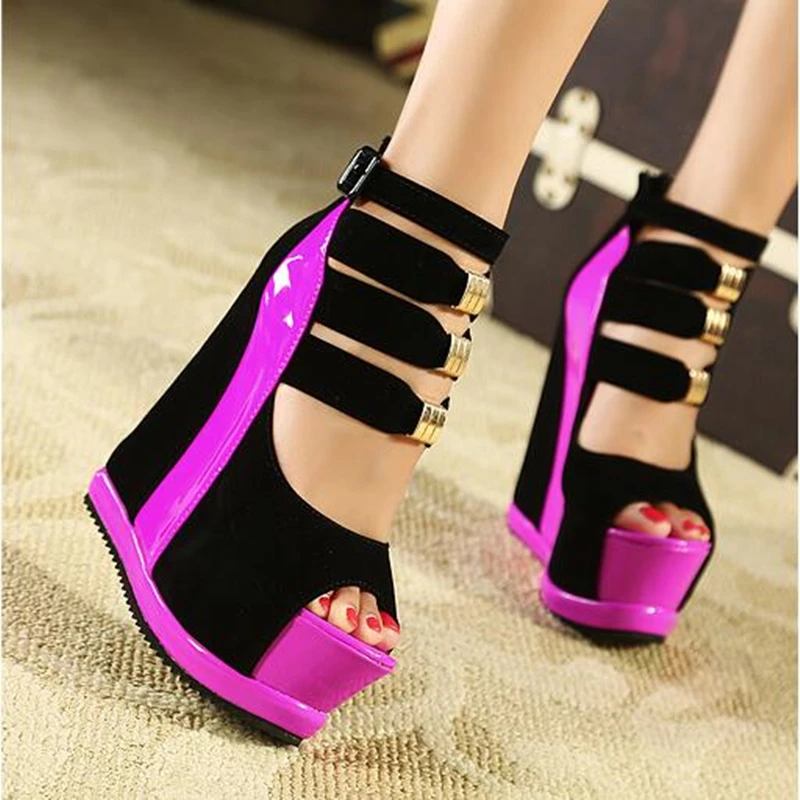 

Genuine Women Platform Sandals 2019 Wedges High heel 14.5cm Peep Toe Mixed Colors Summer Sweet Woman Shoes Sexy Ladies Shoes