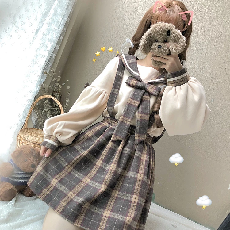 Весна, Женский Японский милый студенческий свитер+ клетчатая юбка с высокой талией+ Повседневный Модный комплект в консервативном стиле