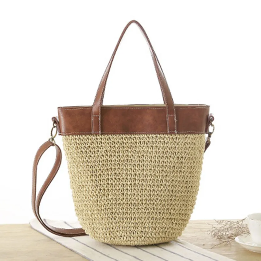 

Simple new plain straw bag national wind shoulder Messenger portable three travel vacation beach handbags woven bag