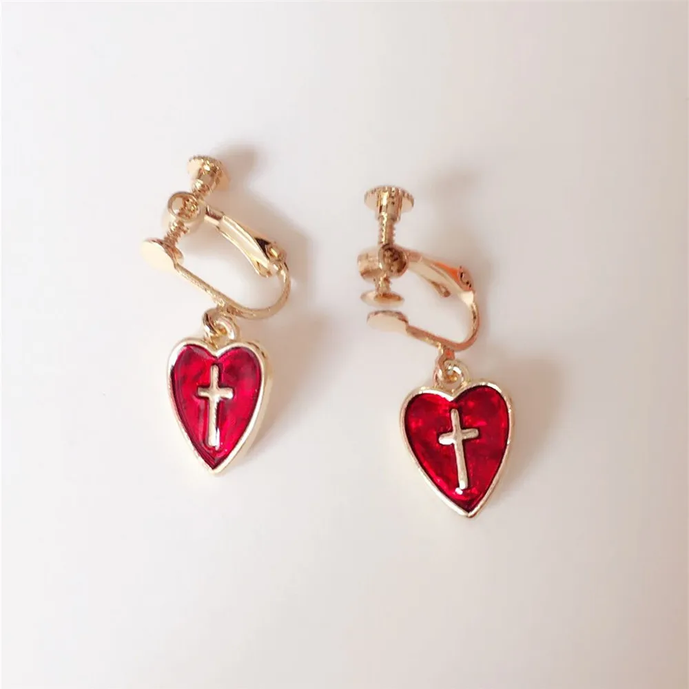 

The new fashion The cross red enamel hearts Beautiful earrings ear clip accessories manufacturers selling 2016 women