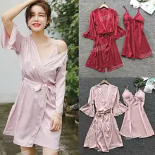 Hot Women Sexy Robe& Gown Sets Sleep Dress Bride Kimono Robe Satin Silk Lace Night Dress Gown Sleepwear 3PCS