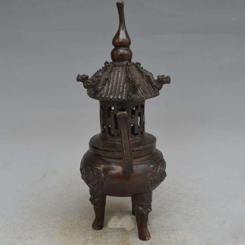 

9" Fine China Red copper Foo Fu Dogs Lion Animal Shape Incense Burner Censer