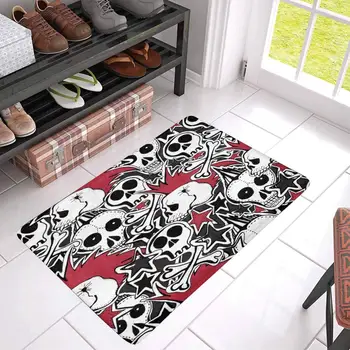 

Crazy Punk Rock Abstract Skulls, Pins, Guitars Indoor Entrance Doormat Backing Non Slip Door Mat Entrance Rugs Home Decor