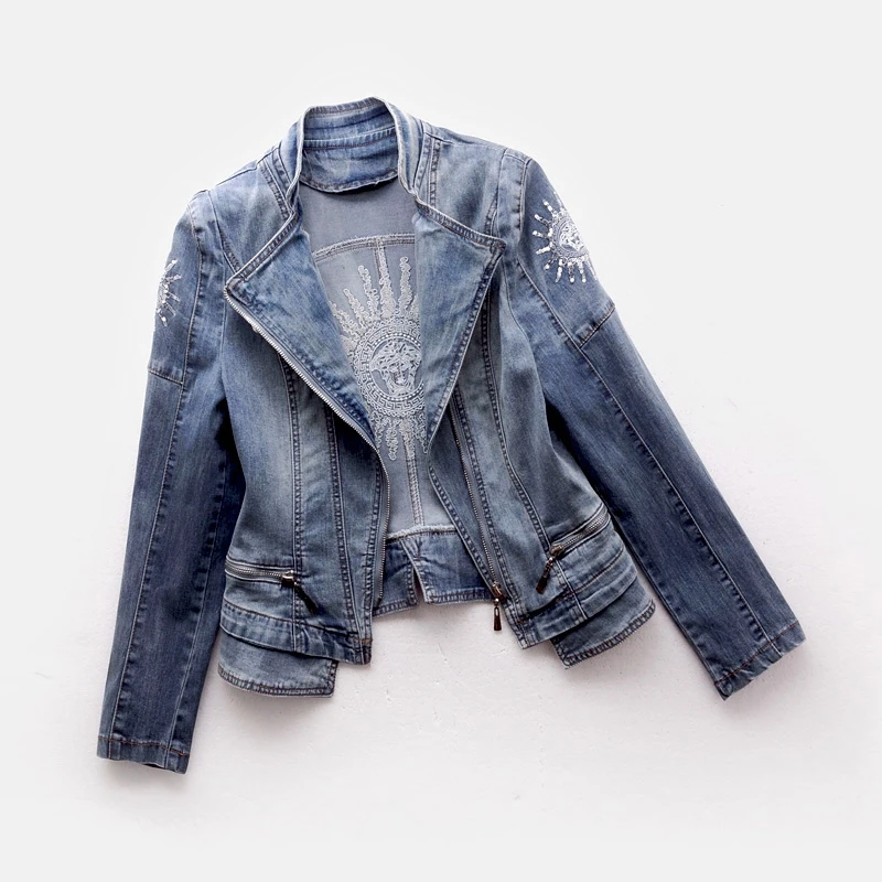 Coréenne Veste Survêtement Décontracté Jeans Base Blue Dark Taille Slim light Blue De Printemps Broderie Sequin Denim Manteau Femmes Zipper Grande Automne YE4BBxq