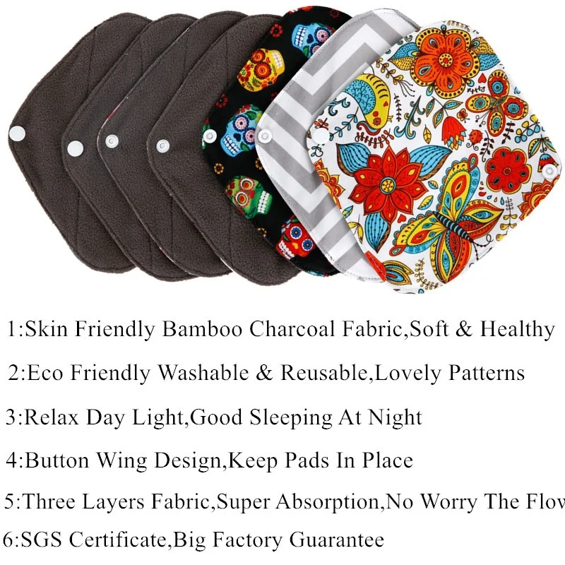 [simfamily] 5+1 Daily Use panty liner sets Reusable Bamboo Charcoal menstrual sanitary pads Stay Dry Super Absorption Healthy
