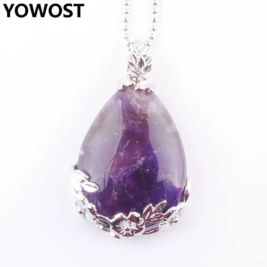 

YOWOST Natural Amethysts Water Drop Shape Gem Stone Love Beads Reiki Chakra Healing Pendant & Necklace Chain Jewelry Gift IN3471